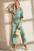Contrast Trim Textured Knit Half Sleeve Drop Shoulder Drawstring Waist Wide Leg Two Piece Pant Set